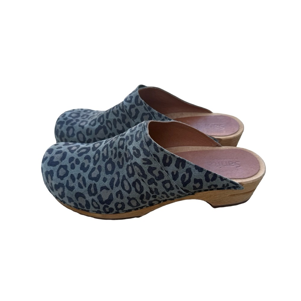 Sanita Leopard Print Suede Wooden Clogs Grey Black Animal Mules 40/9-9.5 - Picture 6 of 8
